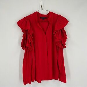 Chelsea and Walker Women’s Ruffle Cut Out Cold Shoulders Button Front Red Blouse